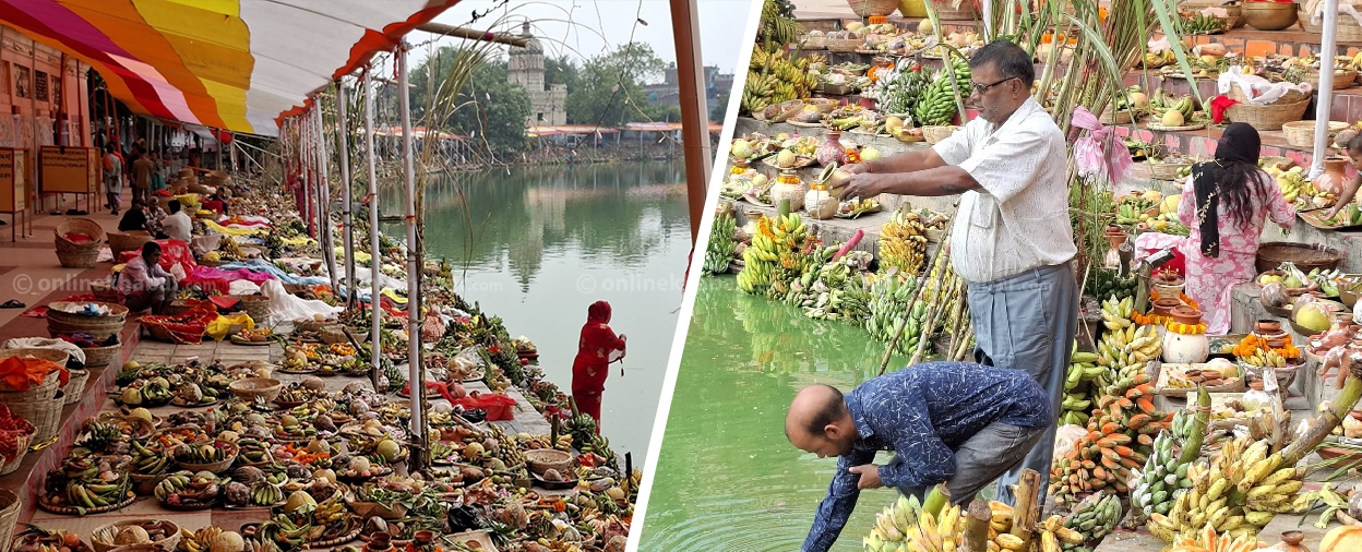 छठघाटमा पूजा सामग्री राखेर अस्ताउँदो सूर्यलाई अर्घ्य दिने तयारी